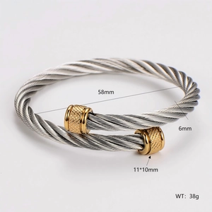 Silver and gold stainless steel cable twisted wire open bangle with dimensions and weight