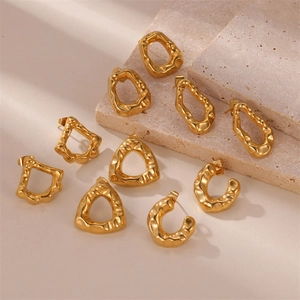 Retro geometric 18k gold plated stainless steel earrings with lava texture design