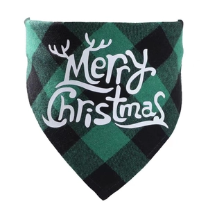 Green and black plaid cotton Christmas pet bandana with white Merry Christmas print
