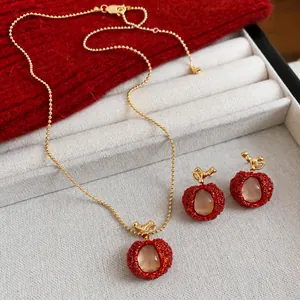 Elegant zircon resin apple pendant necklace and earrings jewelry set for women