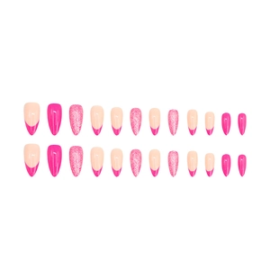 Pink French press-on nails set with glitter and stiletto shape 24pcs collection