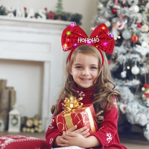 Serre-tête de Noël LED avec nœud rouge à paillettes et décor HOHOHO pour la fête