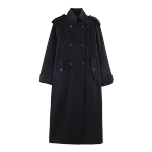 Women's classic double-breasted long black wool coat with shoulder tabs and notch lapels