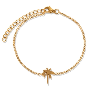 Detailed view of an 18k gold plated palm tree pendant with adjustable lobster clasp