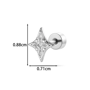Star-shaped stud earring with zircon inlay and screw-back closure shown with dimensions
