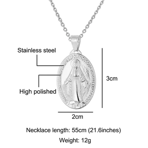 Polished stainless steel oval Virgin Mary pendant necklace with measurements and weight