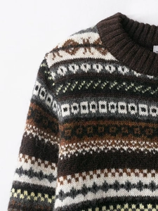 Close-up of Fair Isle pattern and fine knit texture on the collar of a brown wool sweater
