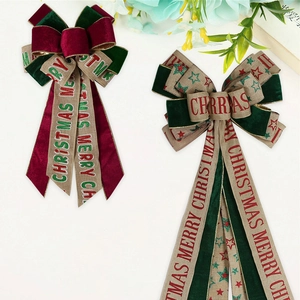 Large Christmas Bow Velvet Burlap Merry Christmas Printed Tree Topper Hanging Ornament Red Green Star Holiday Party Decor