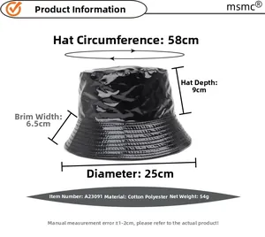 Detailed dimensions of black patent bucket hat showing 58cm circumference and 9cm depth