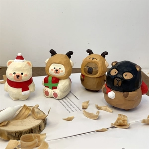 Christmas Wood Carving Ornament Hand Carved Basswood Capybara Bear Desktop Decor Figurine Holiday Gift