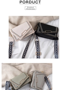 Detail of four stylish flap crossbody bags with woven ethnic style wide straps in varied colors
