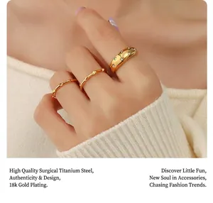 Detailed view of 18K gold plated titanium steel rings set with zircon stones on finger