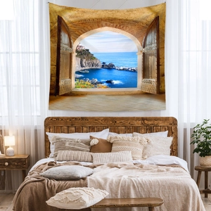 Détail d'une tapisserie bohème avec vue mer 3D sur l'arche dans une chambre chaleureuse