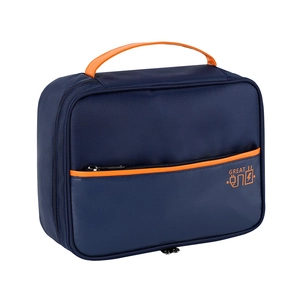 Large capacity travel digital organizer bag in navy blue with orange zipper accents