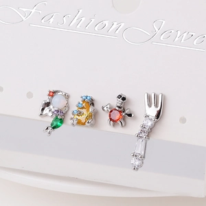 Cute Little Mermaid four-piece earring set with fish tail, crab and fork charms