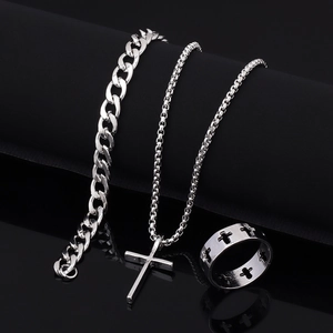 Polished silver stainless steel cross pendant necklace with cuban chain bracelet and ring set