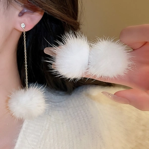 Mink Fur Ball Drop Earrings With 925 Sterling Silver Earring Post Alloy Rhinestone Long Tassel Winter Sweet For Women