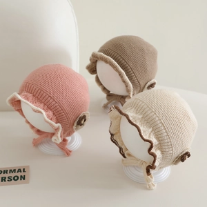 Sweet baby girl ruffled knit flower hat in pink, mocha and cream white with straps