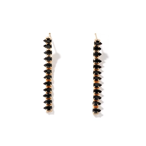 Elegant gold drop earrings featuring fifteen cascading black pear-shaped zirconia stones