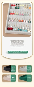 Detail view of velvet jewelry display trays showing earring slots in four material options
