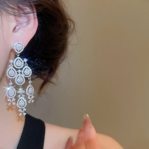Close-up of elegant silver tassel earrings with teardrop cubic zirconia on model