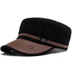Stylish flat top military cap for women with black fabric and brown leather brim