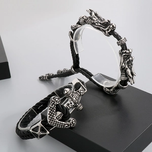Vintage dragon and anchor men's braided leather bracelets in retro silver stainless steel