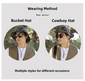 Outdoor camouflage hat detail showing fisherman and cowboy styling with chin strap