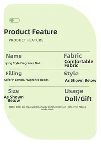 Detailed specifications card for plush animal dolls showing soft fabric and dimensions
