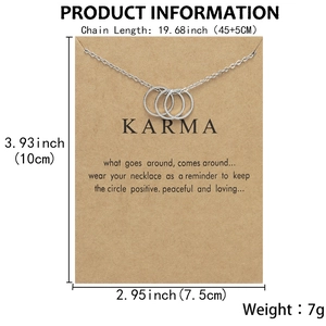 Three-circle interlocking Karma necklace on kraft card with size specifications