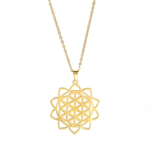 Golden stainless steel flower of life hollow geometric pendant necklace for women