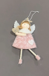 Close-up of plush angel ornament with pink skirt, golden sequins and heart detail
