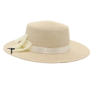 Flat top beige straw boater hat featuring a white satin ribbon and pearl chiffon bow