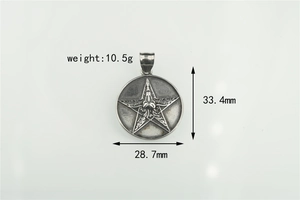 Detailed view of pentagram skull pendant with 33.4mm height and 28.7mm width specs