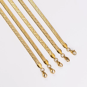 Flat gold snake chain necklace set in stainless steel with lobster clasp closure