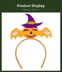 Detail showing a Halloween headband with orange pumpkin, purple hat, and yellow bat wings
