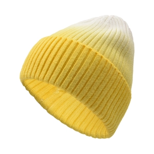 Detail of yellow and white gradient knit beanie with vertical ribbed texture