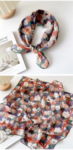Detail of floral print linen cotton square scarf with vintage oil painting pattern
