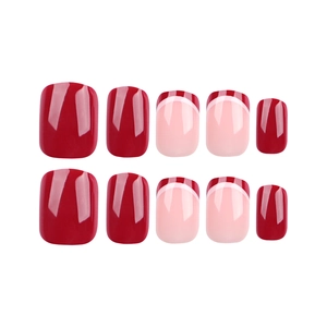 Short square press-on nails set featuring deep wine red and classic French tip designs