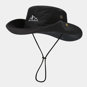 Black outdoor sun hat with mountain embroidery and adjustable chin strap in cowboy style
