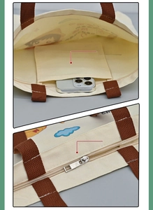 Detail of canvas tote bag featuring secure interior pocket and high-quality metal zipper