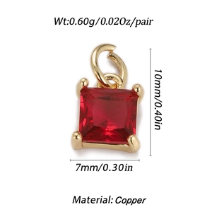 Detailed macro view of 10x7mm red zircon square pendant in 18k gold plated copper