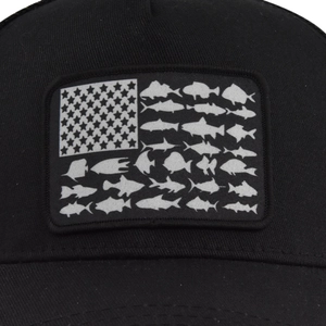 Black truck cap with fish American flag patch embroidery and mesh back detail