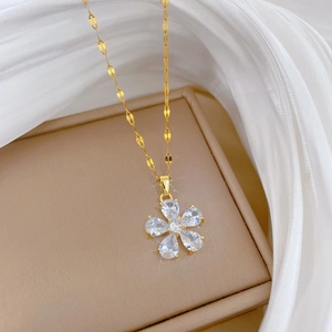 Gold titanium steel five-petal flower necklace with sparkling zircon pavé for women