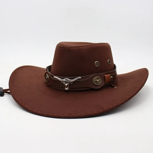 Vintage dark brown western cowboy hat with silver bull head and leather trim band