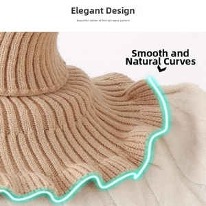 Detail of light coffee knitted neck warmer with ribbed texture and fish-tail ruffle hem