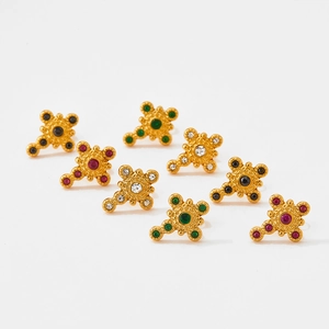 French vintage zircon cross earrings in gold plating with colorful gemstone sets