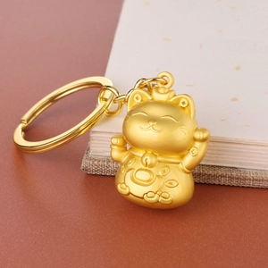 Golden Maneki Neko cat keychain with matte finish and lucky charm coin details