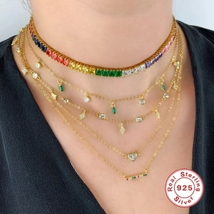Layered S925 sterling silver necklace set with colorful rectangular zircon stones