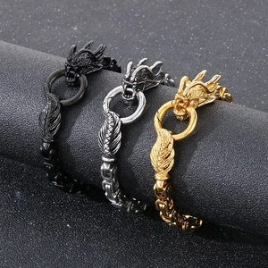 Detailed view of dragon-head steel bracelets in black, silver, and gold metal finishes